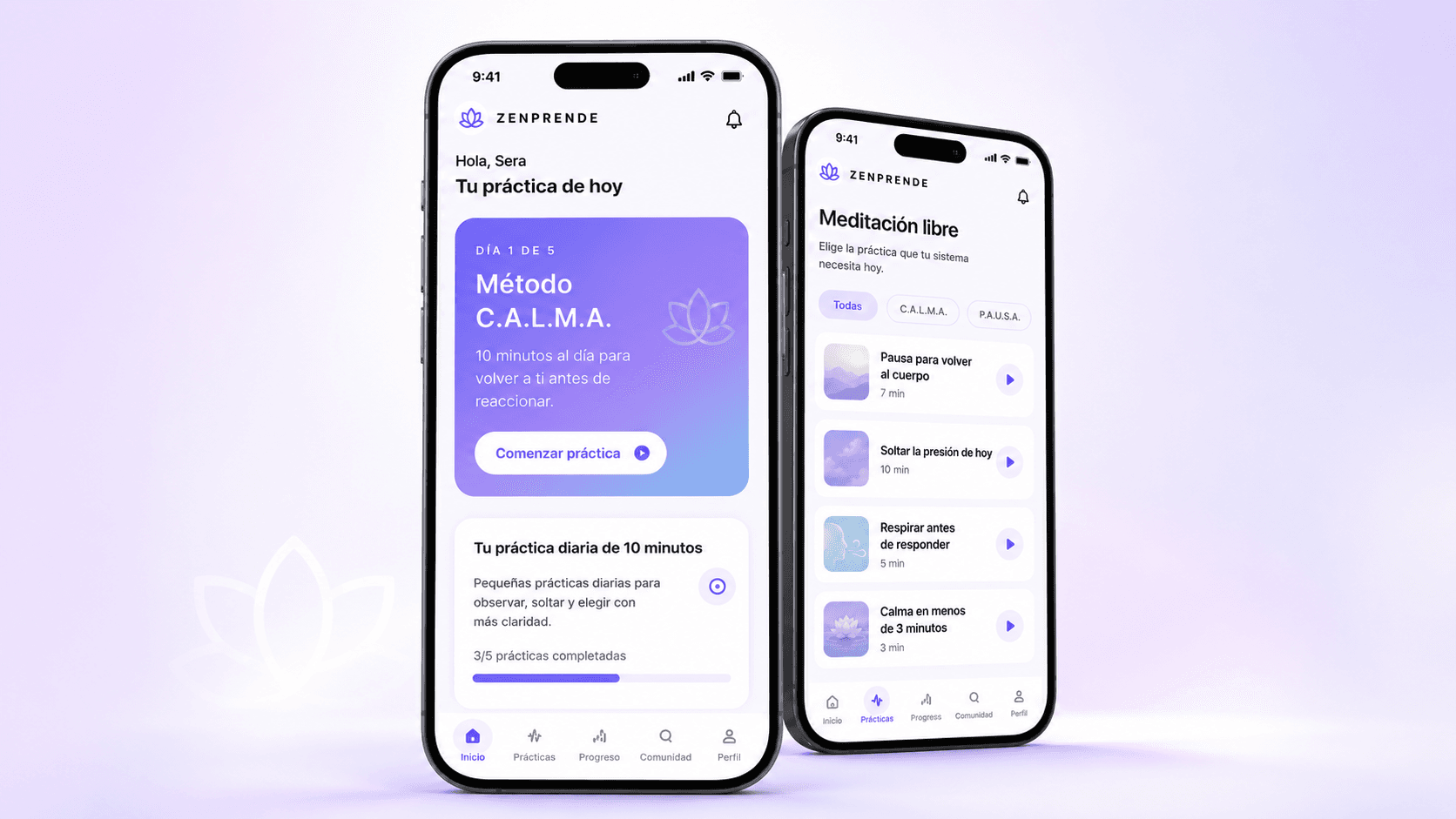 Mockups de la app Zenprende con herramientas para pausar y recuperar claridad